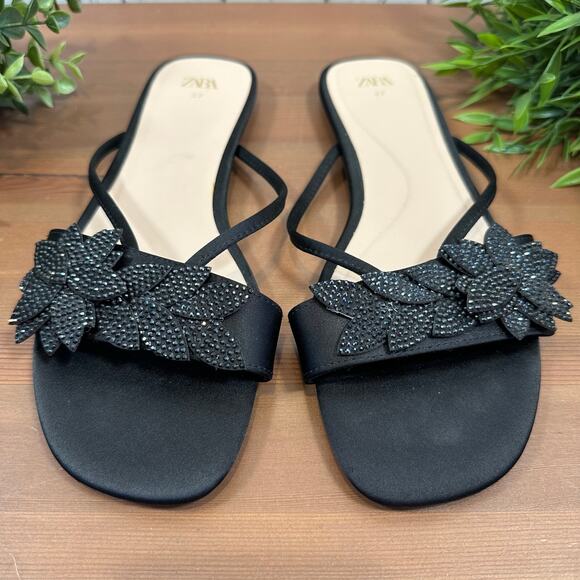 Zara Women's Rhinestone Floral Sandals Black Size 37 US 6.5 - Picture 3 of 8